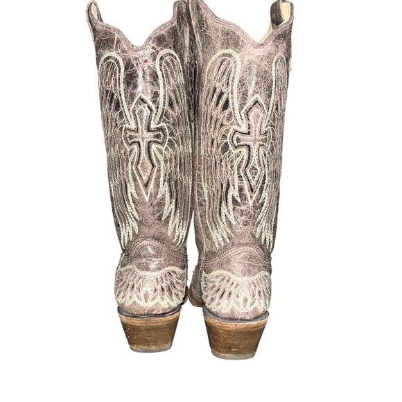 CORRAL WOMEN BROWN GLITTER INLAY CROSS AND WING EMBROIDER LEATHER COWBOY BOOT 8 - Picture 6 of 11